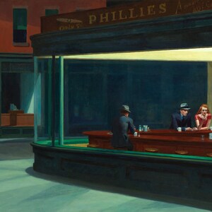 May include: A painting depicting a diner scene at night. The diner is called "Phillies" and has a green awning. There are four people sitting at the counter, and a server is taking an order. The diner is brightly lit, and the street outside is dark.