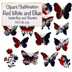 Rot, weiß und blau Schmetterlinge und Blumen Clipart, Rokoko Fantasy Clipart, PNG Bundle,Patriotische Schmetterlinge Sofort Download