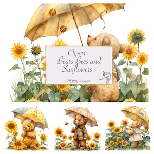 Cute Bee Theme CLipart, Watercolor Honey Bee and Sunflowers Clip Arts Spring Sunflowers Floral Png, Bears and Bees Clipart Bumble Bee Invite