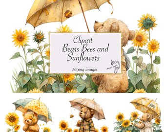 Watercolor Bee Clipart, Honeycomb, Teddy Bear with Sunflowers (PNG Digital Download)