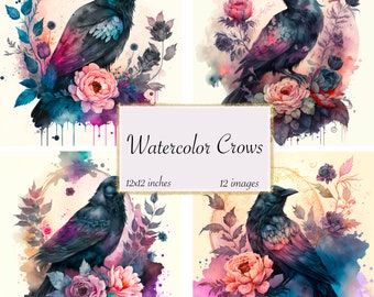 Watercolor Crows Journal Paper, Digital paper, Rococo watercolor junk journal pages printable 12x12 paper instant download