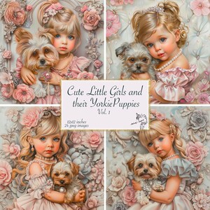 Bonitas niñas y sus cachorros Yorkie, Diario Art Déco, Papel, Diario basura infantil, Diseños de sublimación, Descarga instantánea