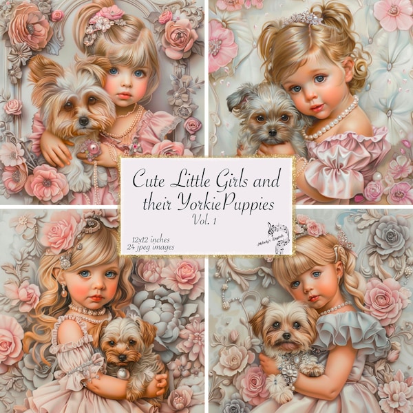 Cute Little Girls and their Yorkie Puppies Art Deco Journal Paper Children’s Junk Journal Sublimation Designs