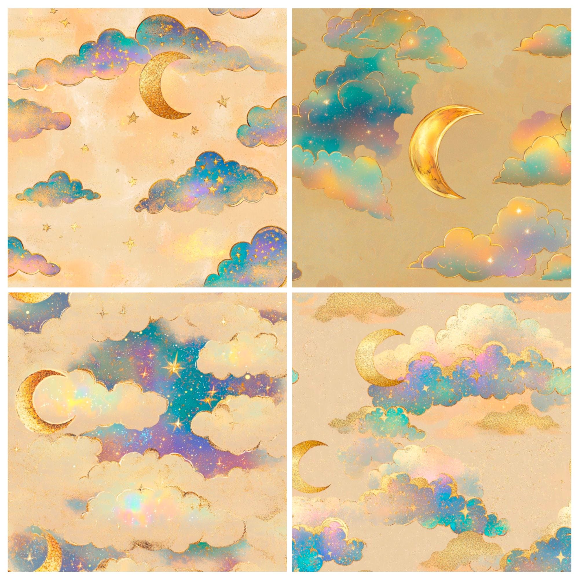 Iridescent Stars and Moon Digital Paper, Seamless Celestial Texture ...