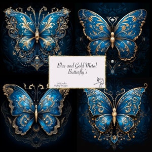 Carta per diario Butterflys in metallo blu e oro, carta digitale 12x12, carta Butterflys Junk Journal, pagine stampabili Instant Digital
