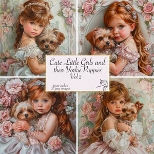 Niñas lindas y sus cachorros Yorkie Vol 2 Art Deco Journal Paper Diseños de sublimación de diario basura para niños Descarga instantánea