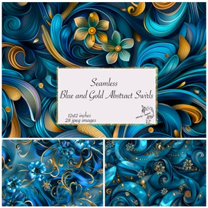 Blue and Gold Abstract Swirls Digital paper, Seamless Gold and Blue patterns, Ornate printable Background Patterns