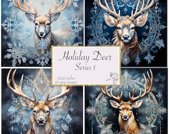 Papel digital de ciervo navideño, diseño de joya de copo de nieve helado (descarga digital)