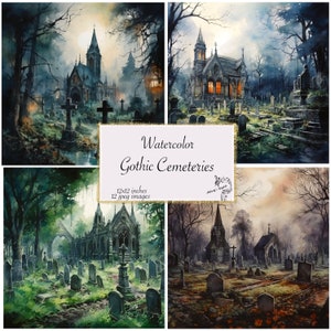Watercolor Gothic Cemeteries Paper Watercolor Paper Journal Paper Gothic Junk Journal Paper Gothic Paper Sublimation Designs Watercolors