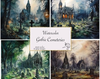 Watercolor Gothic Cemeteries Paper Watercolor Paper Journal Paper Gothic Junk Journal Paper Gothic Paper Sublimation Designs Watercolors