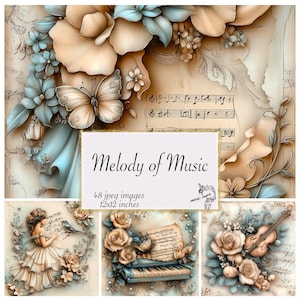 Melodie von Musik druckbares Papier, Musik und Instrumente Junk Journal digitales Papier, romantische musikalische druckbare Papiere, Musiknoten Ephemera