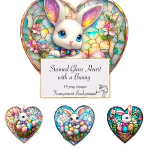 49 coeurs en vitrail avec illustrations de Pâques numériques clipart lapin au format clipart png Téléchargement instantané et usage commercial