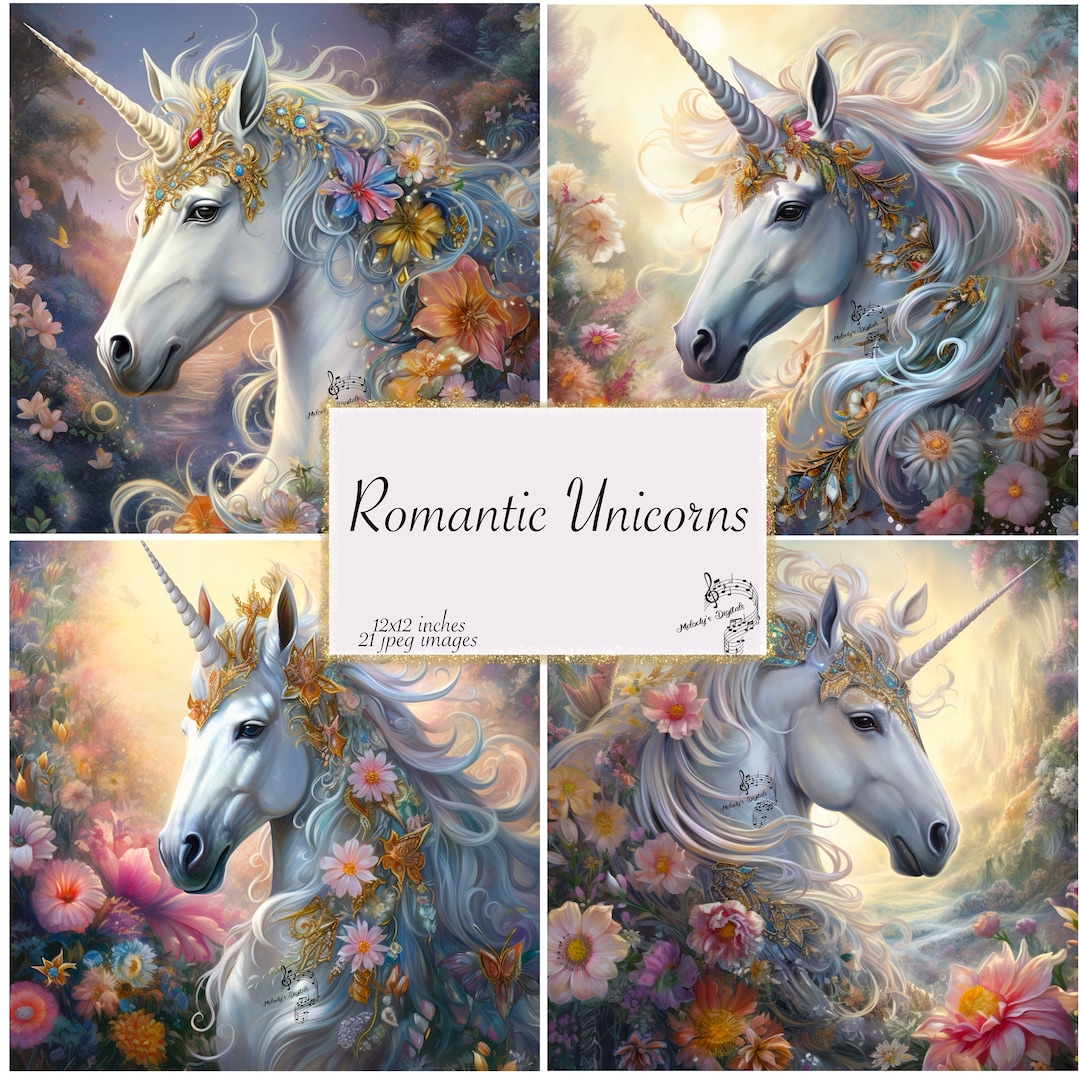 Unicorns & Flowers Journal Paper, Fantasy Scrapbook Pages (digital ...