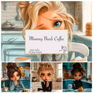 Papel digital animado da mamãe precisa de café, arte de impressão animada, imagens de desenhos animados de arte digital feminina, ilustrações de meninas adoráveis