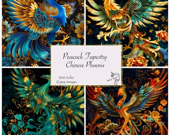 Chinese Phoenix Digital Paper, Tapestry Pattern (12x12, Commercial Use)