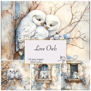 Kit de carnet de voyage Love Owls Fond bleu et beige oiseau Kit de journal de rebut chouette en papier numérique Pages de scrapbooking textures imprimables