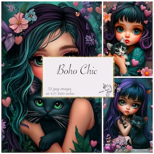 Kit de diário Boho Chic para impressão Diário de lixo Boho com um toque de gótico Papel para impressão Black Cat Shabby Chic Folha de colagem digital