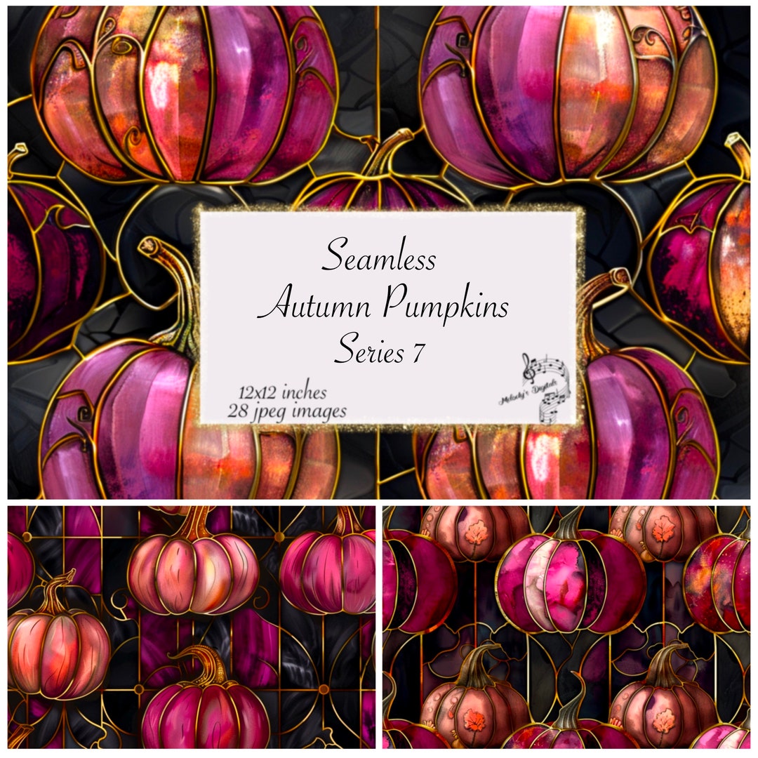 Pink Stained Glass Pumpkin Digital Paper, Seamless Autumn Pattern ...