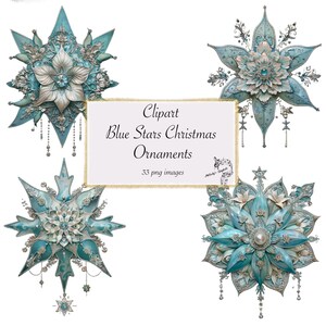 Blauwe sterren kerst ornamenten clipart, digitale glitter kerstster ornament clip art png-formaat voor commercieel gebruik