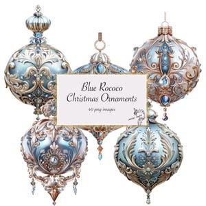 Lot de cliparts bleu rococo, décorations de Noël png aquarelle bleu cottagecore Noël en téléchargement numérique bleu argent et or ornements png
