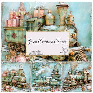 Trenes de Navidad verdes Papel digital Trenes vintage, Papel digital del tren de Navidad encantado, Fondo del tren de Navidad, Paisaje de Navidad