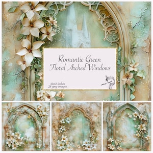 May include: A digital collage of three arched windows with floral embellishments. The windows are set against a green and white background. The text "Romantic Green Floral Arched Windows" is displayed in the center of the image. The text "12x12 inches 28 jpeg images" is displayed below the title.