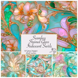 May include: Seamless stained glass design with iridescent swirls in shades of teal, pink, and gold. The image features floral patterns with jewel accents. The text reads "Seamless Stained Glass Iridescent Swirls" and "48 jpeg images 12x12 inches".