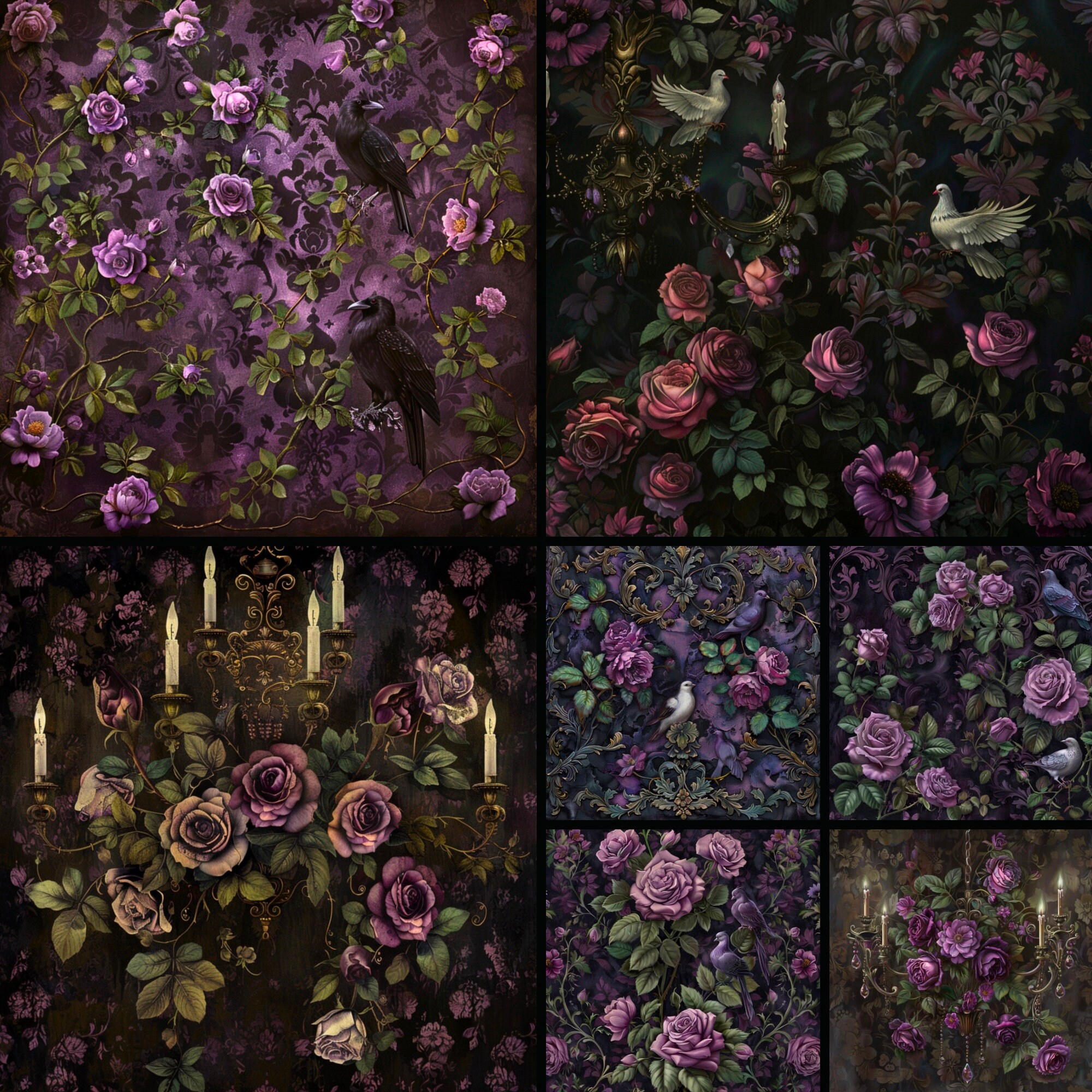 Gothic Rococo Digital Paper, Dark Purple Floral Textures (digital ...
