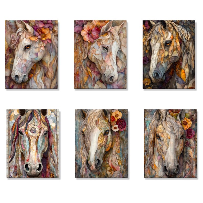 K&ouml;nnte beinhalten: Sechs rechteckige Kunstdrucke mit Aquarellportr&auml;ts von Pferden. Jedes Pferd hat ein wei&szlig;es Gesicht und ist mit bunten Blumen geschm&uuml;ckt. Das Kunstwerk hat ein mosaikartiges Aussehen mit einer Vielzahl von Farben.