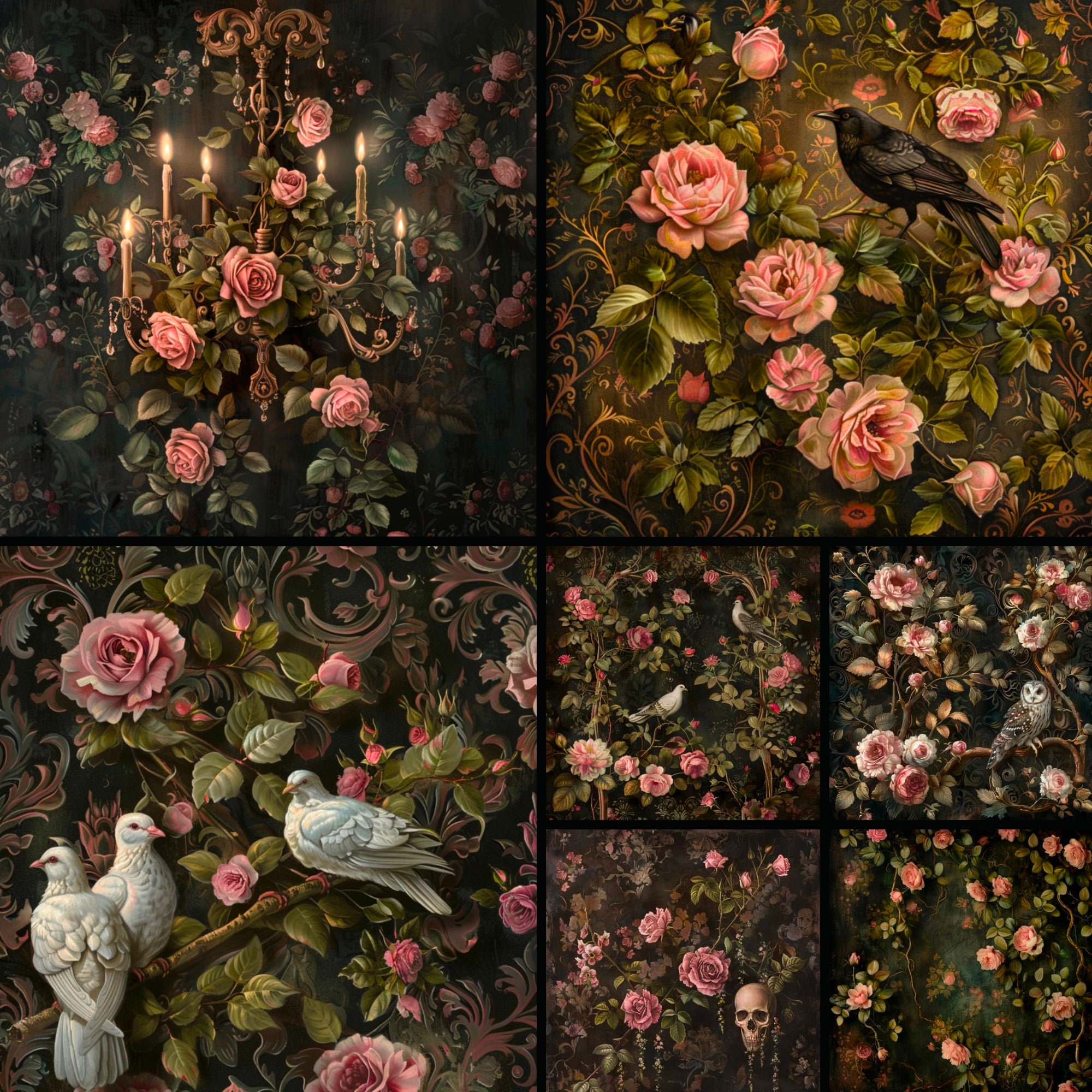 Gothic Rococo Digital Paper, Dark Floral Oil Paint Textures (12x12in ...