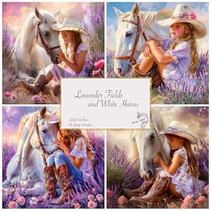 Champs de lavande et roses blanches avec des filles de la campagne avec des chevaux blancs pour journal intime, des motifs pour décoration bohème, papier 12 x 12