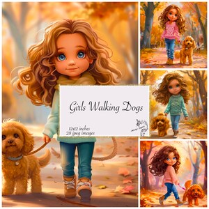 Girls Walking Dogs Digital Paper, Fashion girls' cute puppies' digital paper, Fall background pattern, Cartoon Girls and Dogs digital paper