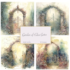 Garden of Eden Gates Journal Paper, Digital paper, Rococo watercolor junk journal pages printable 12x12 paper instant download