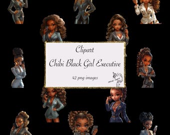 Clipart PNG di ragazza nera esecutiva Chibi, bambole alla moda (download digitale)