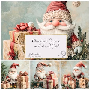 Christmas Gnome in Red and Gold Junk Journal Kit Printable Ephemera Journaling Supplies paper Crafts Scrapbooking Pages Winter Cottage Core