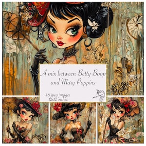 Un mélange entre les cliparts Betty Boop et Mary Poppins, téléchargements numériques, vintage glam, rétro chic et charme intemporel dessin animé indésirable