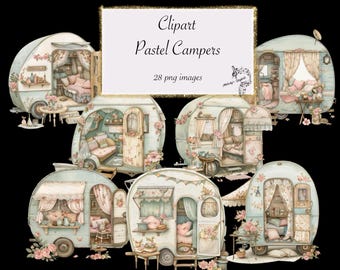 Pastel Camper Clipart, Vintage Caravan Illustrations (PNG Digital Download)