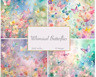 Whimsical Butterflies Journal Paper, Digital paper, Rococo Fantasy paper journal pages printable 12x12 paper instant download