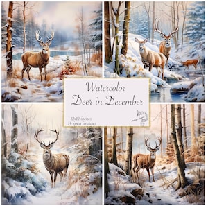 Akwarela Jeleń w Grudniowym Dzienniku Papier, Junk Journal papier, Deer Journal papier, Sublimacja wzory, 12x12 stron, Natychmiastowe pobieranie