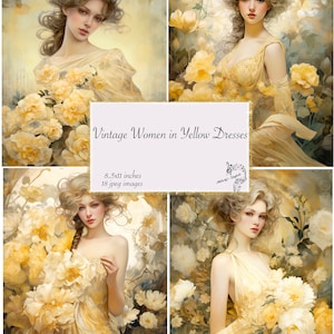 Vintage belles femmes en robes jaunes entourées de fleurs jaunes Art déco rococo journal papier Art déco Boho Decor Téléchargement immédiat