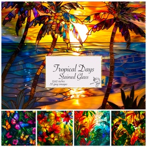 May include: A stained glass image of a tropical sunset with palm trees and ocean waves. The image is divided into four sections, each showing a different detail of the scene. The image is titled "Tropical Days Stained Glass" and includes the text "12x12 inches, 35 jpeg images".