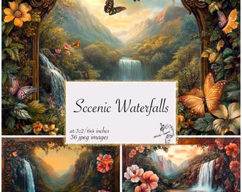 Fantasy Waterfall Junk Journal Pages, Magical Nature Digital Paper (3x2 AR)