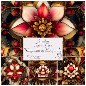 Vetrata artistica Magnolia in carta digitale bordeaux, texture stampabili senza soluzione di continuità, carta per scrapbooking stampabile, vetrate artistiche floreali
