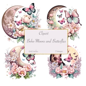 Boho Monde und Schmetterlinge Clipart, Rokoko Fantasy Clipart, PNG Bundle, Instant Download Sublimation Designs