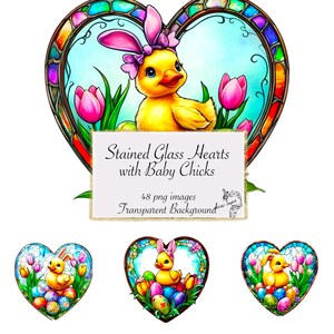 48 coeurs en vitrail avec des poussins des bébés Clipart, Clipart de Pâques Téléchargement instantané numérique embellissements décoratifs de Pâques tulipes de printemps