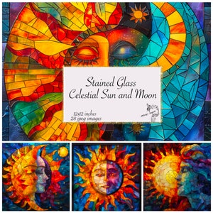 May include: Stained glass artwork depicting a celestial sun and moon with a face. The sun is yellow and orange with a red and blue face. The moon is blue with a purple face. The artwork is 12x12 inches and includes 28 jpeg images. "Stained Glass Celestial Sun and Moon"