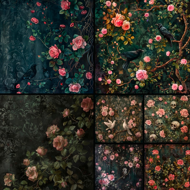 Gothic Rococo Digital Paper, Dark Floral Oil Paint Textures (12x12in ...