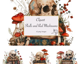 Gothic Skull & Mushroom Clipart, Watercolor Halloween PNG Bundle