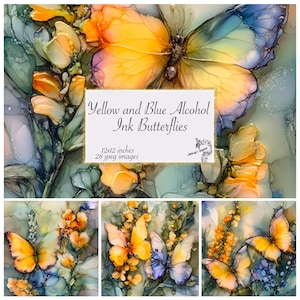 Motivo floreale minimalista Boho con farfalla, motivo floreale con inchiostro alcolico giallo e blu Boho, carta digitale con farfalla e floreale Boho
