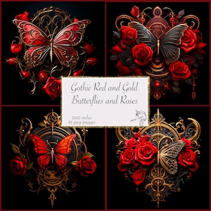 Carnet de notes gothique rouge et doré, papillons et roses, rococo, papier de journal, gothique rouge, journal de bord, papier gothique rouge, or
